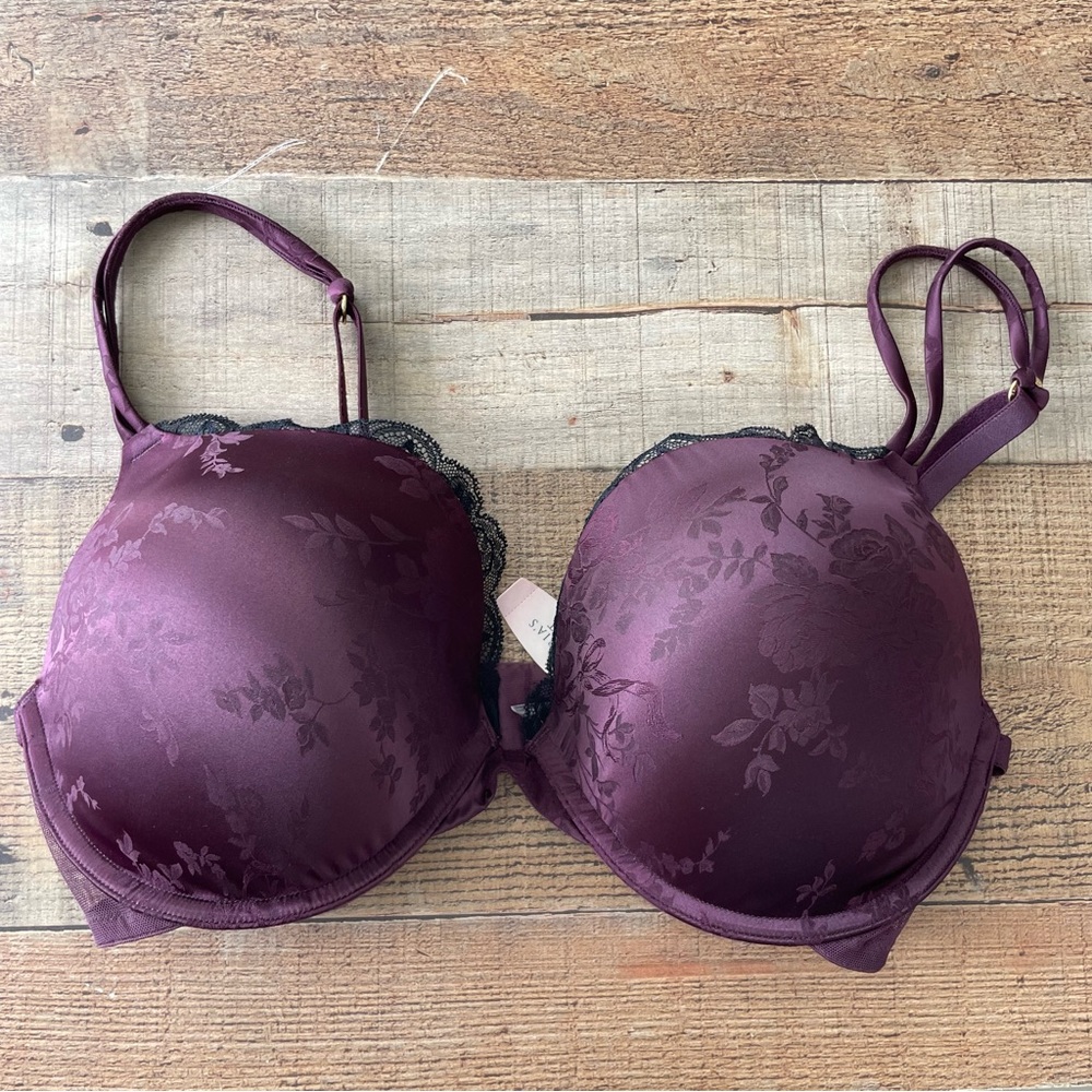 Victoria's Secret Push Up Bra Floral Plum Purple Lace Trim NEW with Tags 34DD